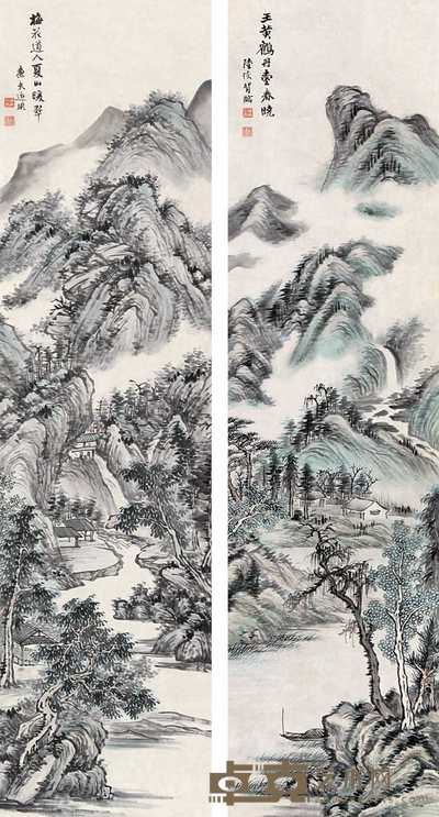 陆恢 山水 四屏 143×38cm×4
